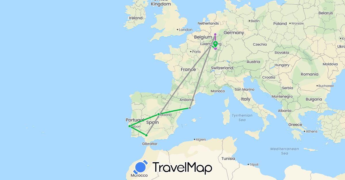TravelMap itinerary: driving, bus, plane, train in Germany, Spain, Luxembourg, Portugal (Europe)
